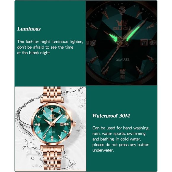 Women Green Dial Rose Gold Stainless Steel Band Waterproof Watch main image 4